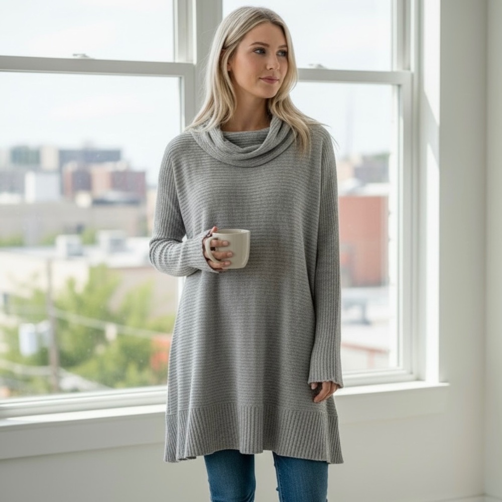 Free People WE THE FREE Lover Rib Split Back Thermal Top Tunic Grey Size Medium